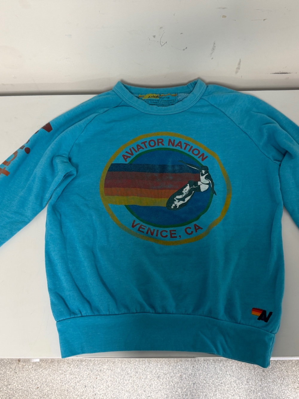 Aviator Nation Turquoise Venice CA Retro Stripe Crewneck